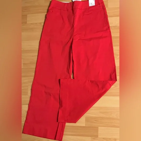 RED HIGH-RISE RAYON BLEND WIDE LEG CROPPED PANTS: Size Small - Picture 5 of 7